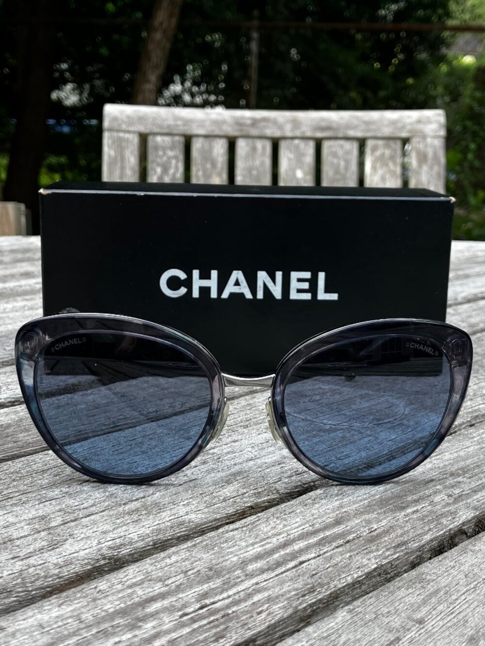 💯 Authentic CHANEL Camouflage Blue Tinted Cat Eye Sunglasses